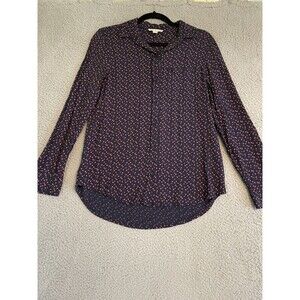 Beach Lunch Lounge Blouse Womens Button Up Heart Print Navy Womens Small